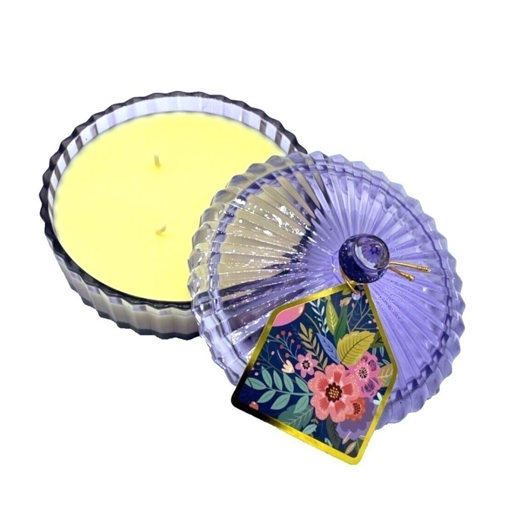 Aromafields Soy Blend Scented‎ Candle; Lavender Citrus; Purple Glass Dish w/Lid